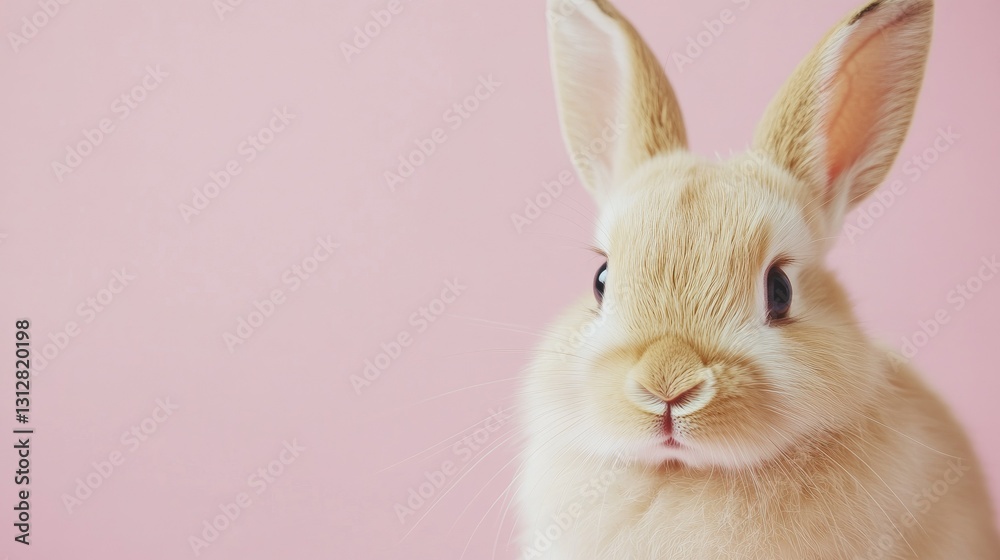 Obraz premium Photo of a little bunny, on a soft pink background Easter theme