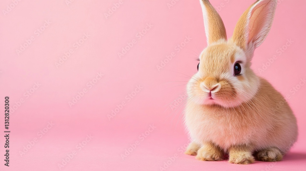 Obraz premium Photo of a little bunny, on a soft pink background Easter theme