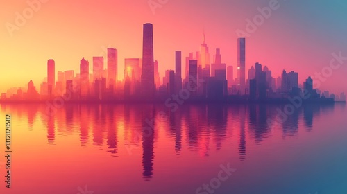 A beautiful city skyline reflected peacefully in calm water