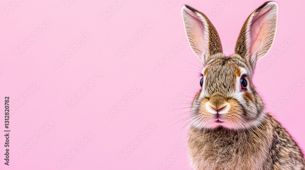 Obraz premium Photo of a little bunny, on a soft pink background Easter theme
