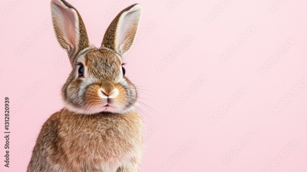 Obraz premium Photo of a little bunny, on a soft pink background Easter theme