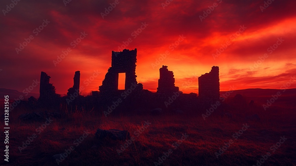 Obraz premium Silhouetted castle ruins at fiery sunset.