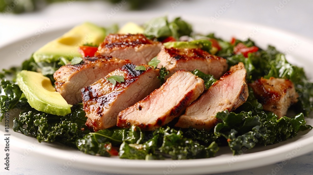 Grilled pork tenderloin slices on a bed of kale salad with avocado and bell peppers. Grilled pork tenderloin slices on a bed of kale salad with avocado and bell peppers.