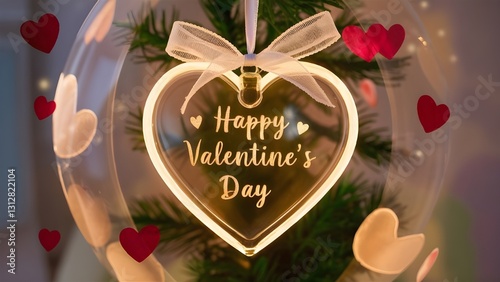 elegant glass heart ornament with golden glow and happy valentines day text surrounded by soft petals
