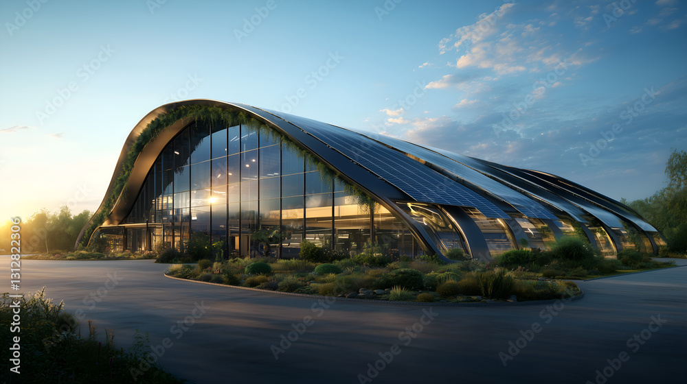 Fototapeta premium Solar panels on modern eco-friendly warehouse under clear sky