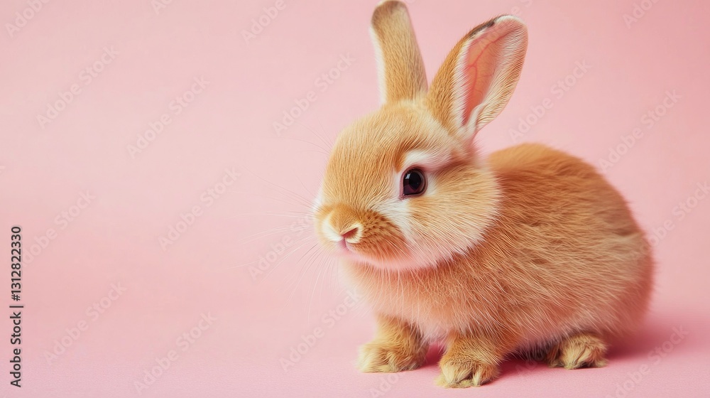 Obraz premium Photo of a little bunny, on a soft pink background Easter theme