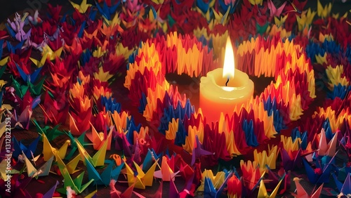 candle surrounded by colorful origami hearts creating a romantic atmosphere