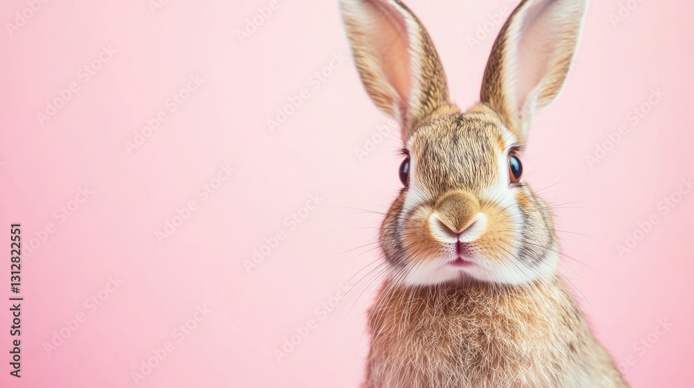 Fototapeta premium Photo of a little bunny, on a soft pink background Easter theme