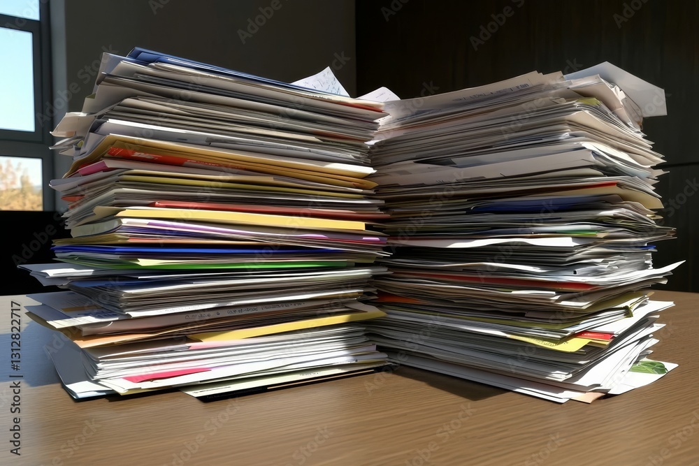 Stacks of paperwork indicate a busy work environment. Stacks of paperwork indicate a busy work environment.