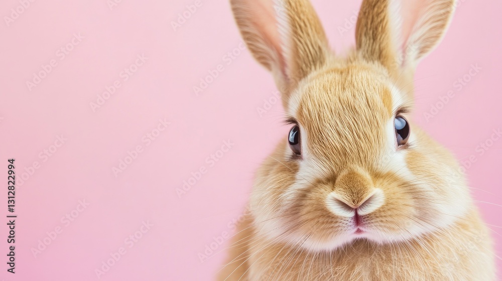 Obraz premium Photo of a little bunny, on a soft pink background Easter theme