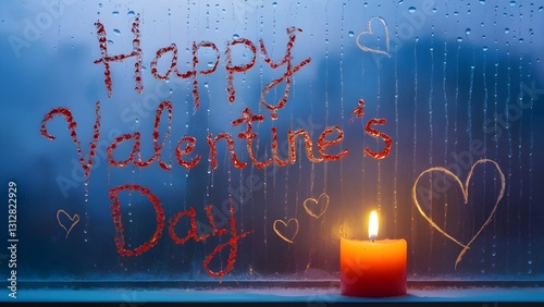 romantic candlelit message with happy valentines day written on foggy glass creating a cozy intimate atmosphere