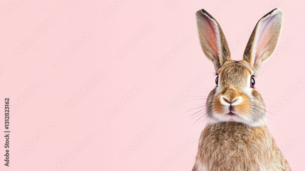 Obraz premium Photo of a little bunny, on a soft pink background Easter theme