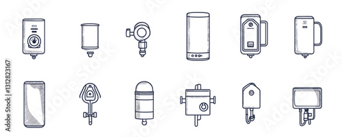 Flat linear icons set of home appliances and water heaters - vector illustration.
