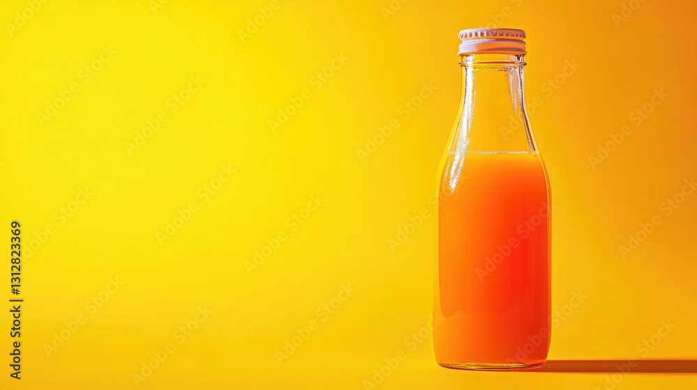 Fresh Orange Juice in a Glass Bottle on a Bright Yellow Background, Vibrant Refreshing Drink Perfect for Breakfast or Summer Fresh Orange Juice in a Glass Bottle on a Bright Yellow Background, Vibrant Refreshing Drink Perfect for Breakfast or Summer