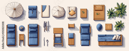 Flat furniture icons set: top view of stylish outdoor and patio furniture in vector format.