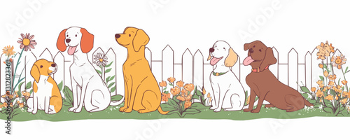 Flat vector icons set of sitting dogs in garden with flowers.
