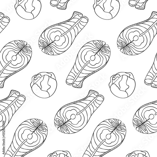 Freehand Salmon steak and brussels sprouts heads Seamless pattern Healthy eating Background concept