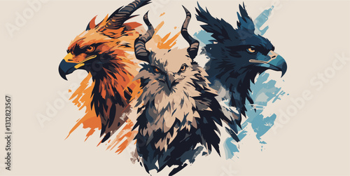 Mythical creature icons set vector: flat style illustrations of griffins and hippogriffs.