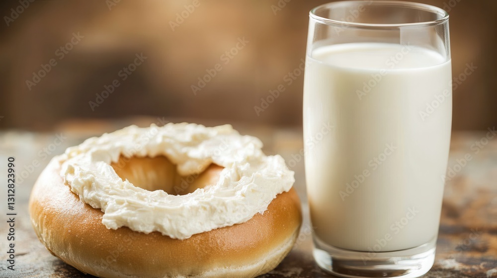 A cream cheese bagel and a glass of milk on a table, highlighting a simple and delicious breakfast combination. A cream cheese bagel and a glass of milk on a table, highlighting a simple and delicious breakfast combination.