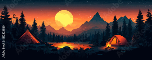 Flat vector icons set of camping scenery with tents, mountains, lake, and campfire at sunset.