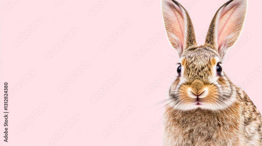 Obraz premium Photo of a little bunny, on a soft pink background Easter theme