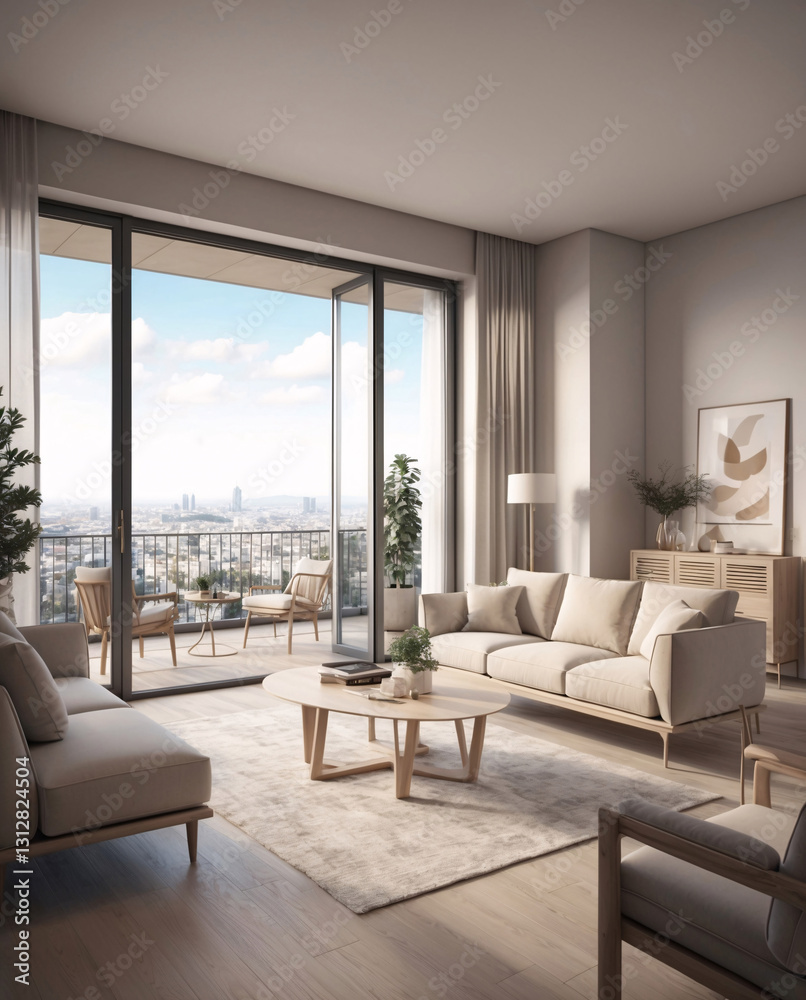 Fototapeta premium Beige minimalist living room in spacious second floor window with city views and modern design aesthetic Interior Design Inspiration