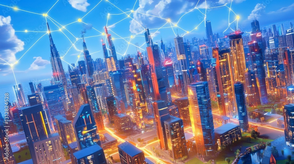 Obraz premium Modern utopian city powered by advanced network technology.