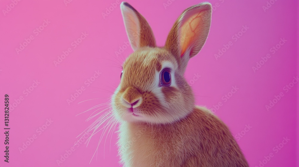 Obraz premium Photo of a little bunny, on a soft pink background Easter theme