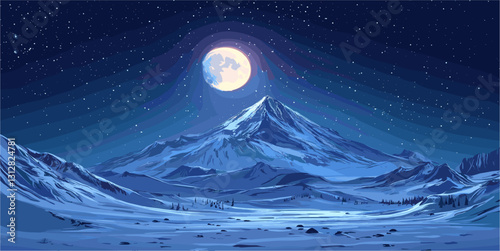 Flat icons set: nighttime mountain landscape with moon, snow, and stars - vector art.