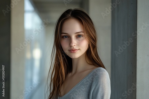 Free Download Portrait of a young woman with long brown hair, wearing a gray shirt, looking at the camera. - GFXLoad