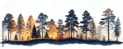 Flat forest silhouettes icons set with sunset and trees in vector style.
