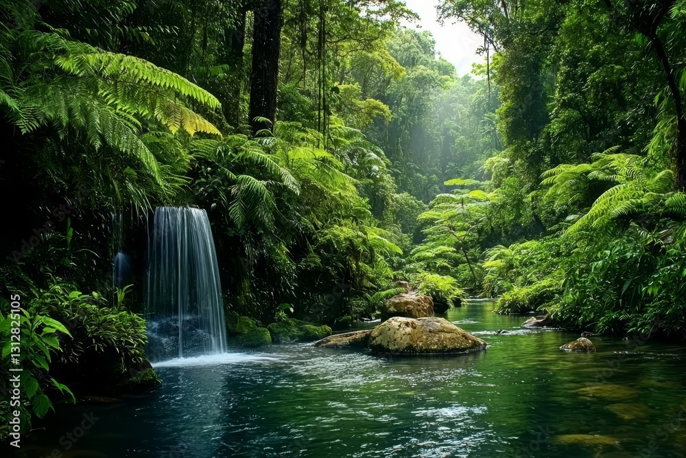 Obraz premium Discover the serene beauty of a jungle stream surrounded by lush foliage.