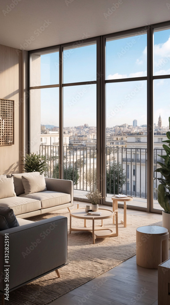 Fototapeta premium Beige minimalist living room in spacious second floor window with city views and modern design aesthetic Interior Design Inspiration