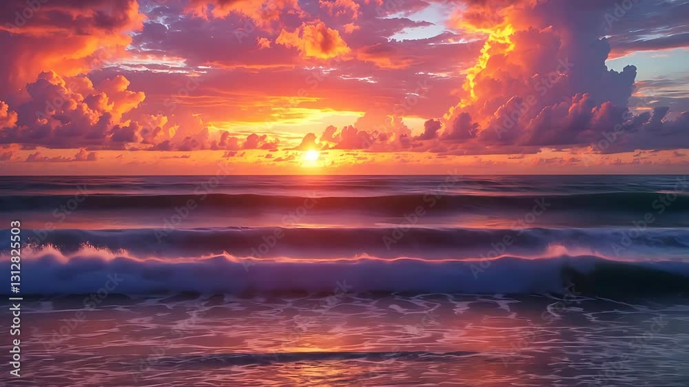 Breathtaking ocean sunset with dramatic clouds reflecting on the waves in golden light
