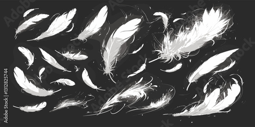 Flat feather icons set - elegant white feathers on dark background in linear style.