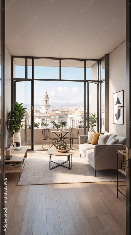 Fototapeta premium Beige minimalist living room in spacious second floor window with city views and modern design aesthetic Interior Design Inspiration