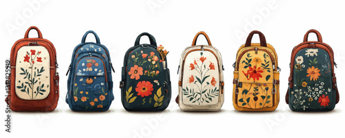 Flat icons set of floral-patterned backpack vector designs.