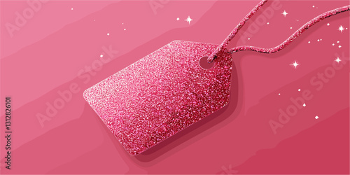 Glittery pink gift tag with twine on sparkling background, vector, flat icons set.