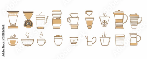 Coffee equipment flat icons set: linear style brewer, grinder, cup, kettle collection.