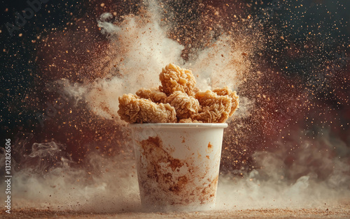 Crispy Fried Chicken Nuggets Exploding from Cup