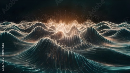 glowing waves of golden and blue light forming a futuristic energy pattern that looks like a digital soundwave or a light pulse on a dark background