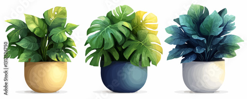 Flat style indoor plant icons set with monstera leaves in pots.
