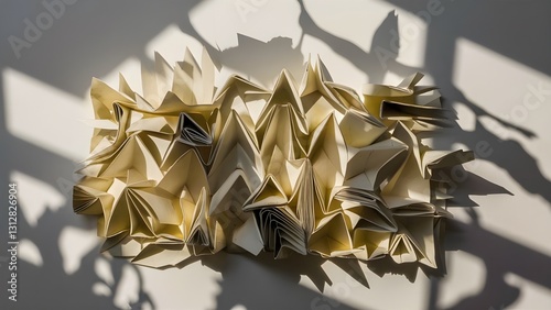 golden origami sculpture with sharp folds and a futuristic geometric design that looks like a high
