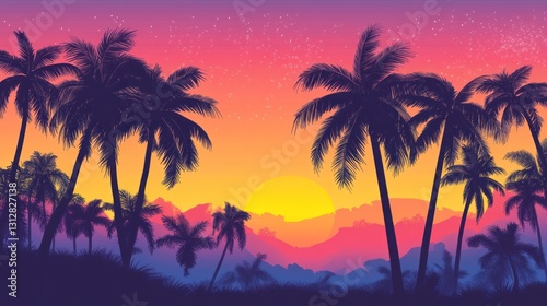 A vibrant sunset landscape with palm trees and mountains, evoking a tropical paradise.