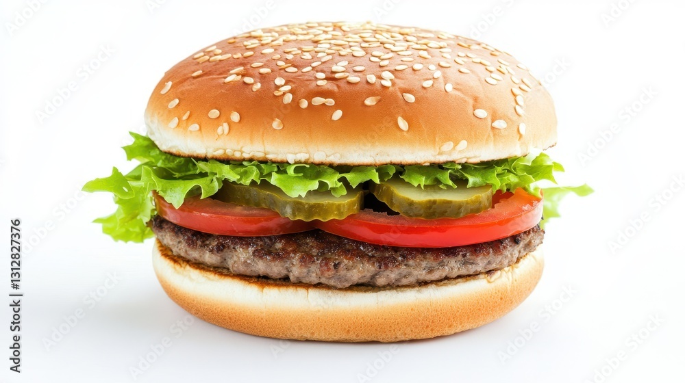 A delicious hamburger with fresh vegetables floating on a white background.
