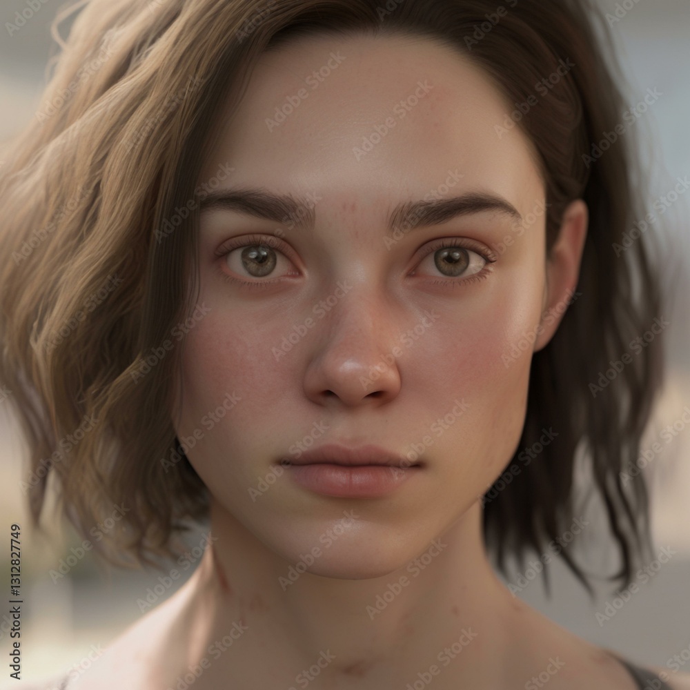 Fototapeta premium A highly detailed, hyper-realistic close-up portrait of an AI-generated human face. This digital artwork features lifelike skin textures, expressive eyes, and natural lighting.