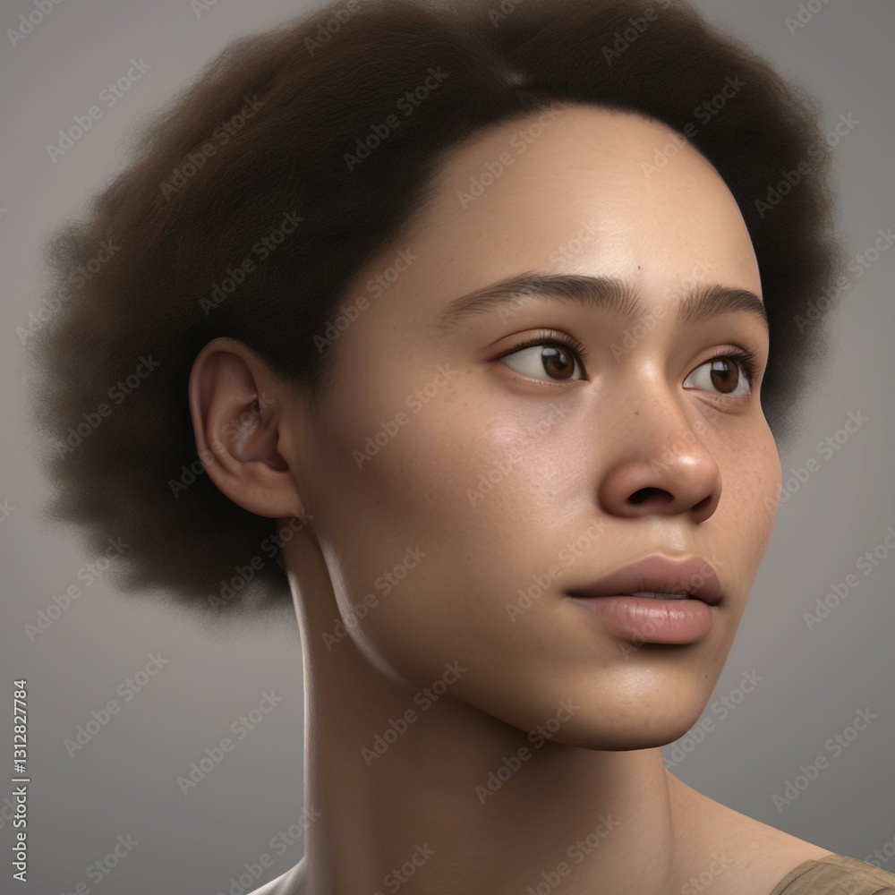Naklejka premium A highly detailed, hyper-realistic close-up portrait of an AI-generated human face. This digital artwork features lifelike skin textures, expressive eyes, and natural lighting.