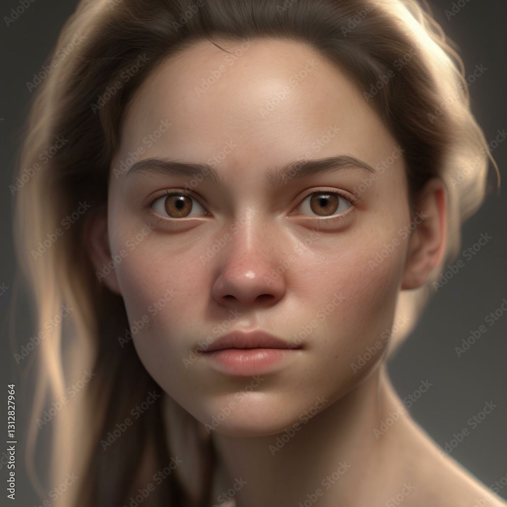 Fototapeta premium A highly detailed, hyper-realistic close-up portrait of an AI-generated human face. This digital artwork features lifelike skin textures, expressive eyes, and natural lighting.