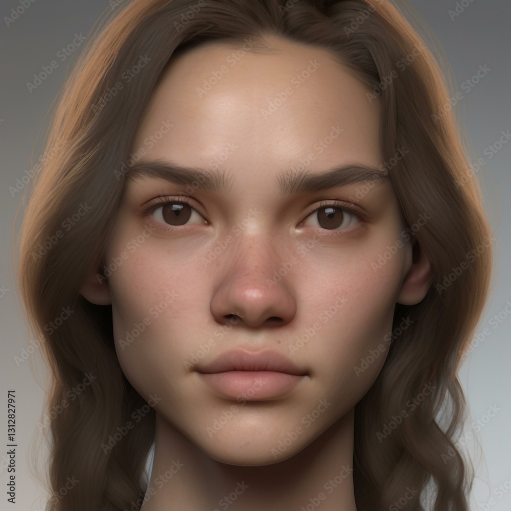 Fototapeta premium A highly detailed, hyper-realistic close-up portrait of an AI-generated human face. This digital artwork features lifelike skin textures, expressive eyes, and natural lighting.