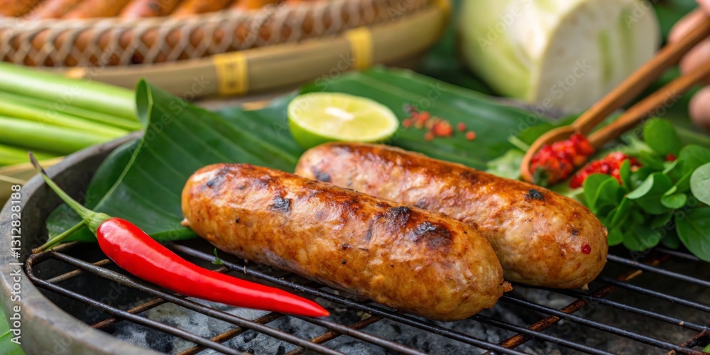 Grilled sausages with fresh herbs and chili on a smoky barbecue in an outdoor setting